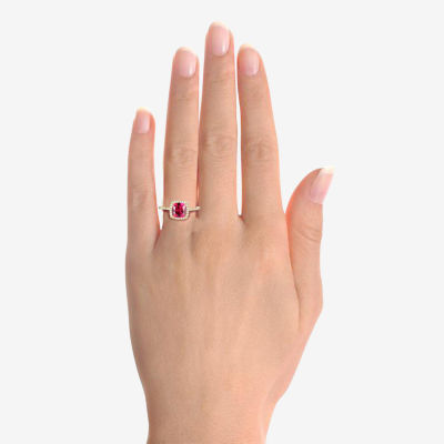 Womens Diamond Accent Lab Created Red Ruby 10K Gold Cushion Halo Side Stone Cocktail Ring