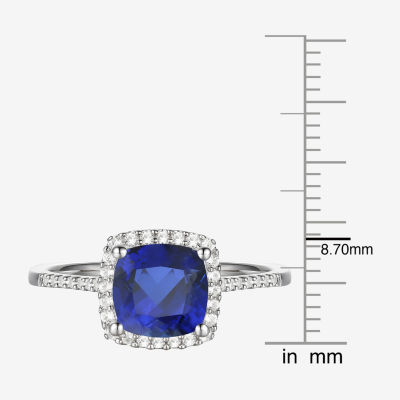 Womens Diamond Accent Lab Created Blue Sapphire 10K White Gold Cushion Halo Side Stone Cocktail Ring