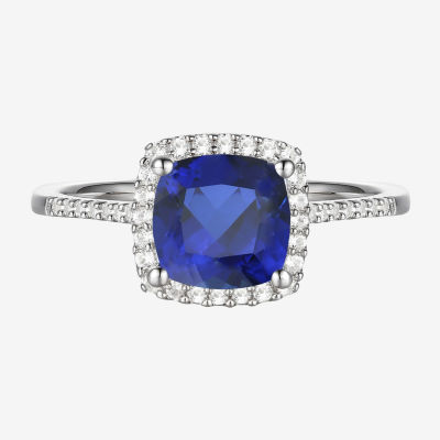 Womens Diamond Accent Lab Created Blue Sapphire 10K White Gold Cushion Halo Side Stone Cocktail Ring