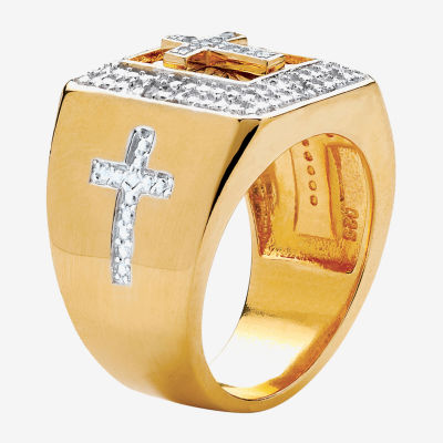 Mens 1/10 CT. T.W. Natural White Diamond 14K Gold Over Silver Cross Fashion Ring