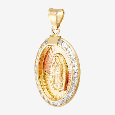 Rene Bargueiras® Cubic Zirconia 14K Tri-Color Gold Oval Our Lady of Guadalupe Pendant