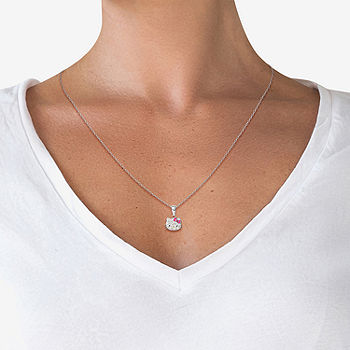 Girls White Crystal Sterling Silver Hello Kitty Pendant Necklace