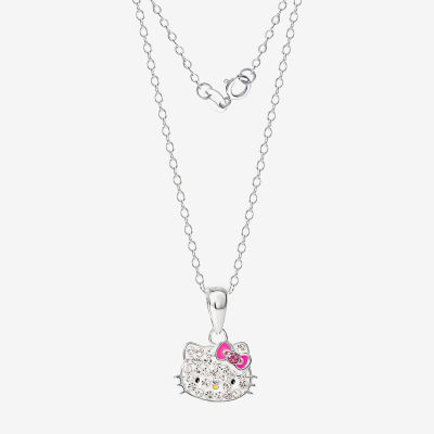 Girls White Crystal Sterling Silver Hello Kitty Pendant Necklace