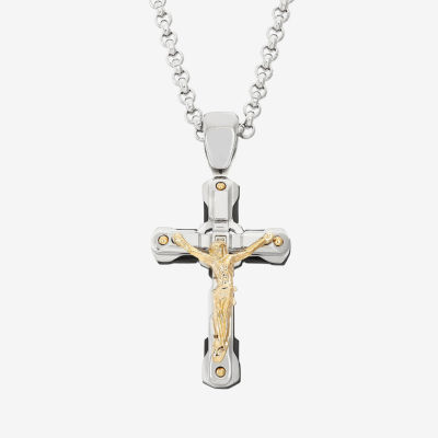 Crucifix Mens Diamond Accent Mined White Diamond Stainless Steel Cross Pendant Necklace