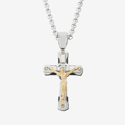 Crucifix Mens Diamond Accent Natural White Diamond Stainless Steel Cross 24 Inch Pendant Necklace