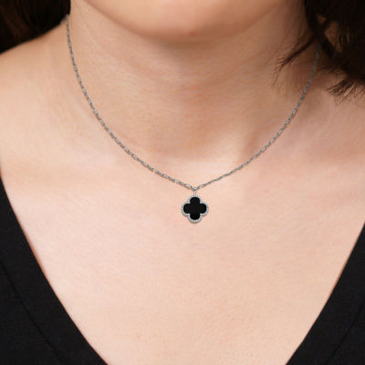 Womens 1 3/4 CT. T.W. Black Agate Sterling Silver Clover Pendant Necklace