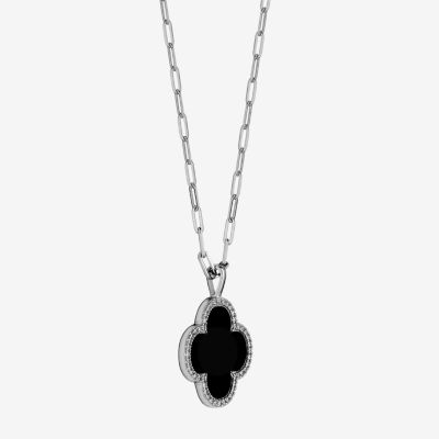 Womens 1 3/4 CT. T.W. Black Agate Sterling Silver Clover Pendant Necklace