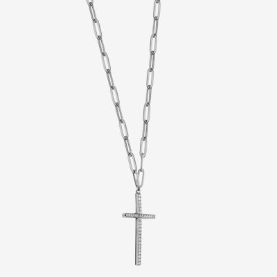 Womens 1/2 CT. T.W. Cubic Zirconia Sterling Silver Cross Paperclip 17 Inch Pendant Necklace