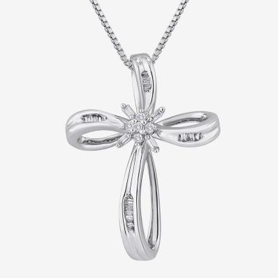 1/10 CT. T.W. Diamond Sterling Silver Ribbon-Style Cross Pendant