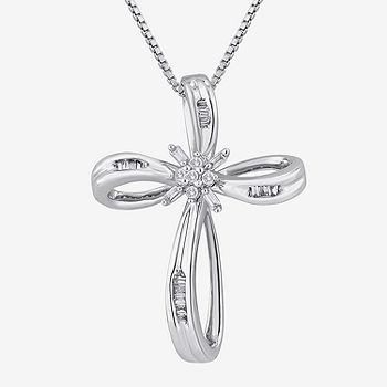 1/10 CT. TW Necklace Pendant Cross Silver Diamond Ribbon-Style Sterling