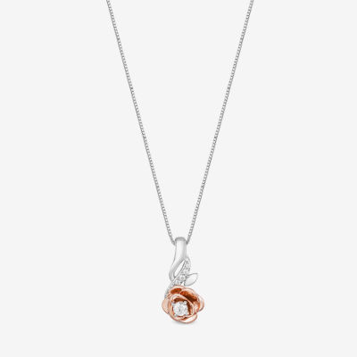 Enchanted Disney Fine Jewelry Womens 1/10 CT. T.W. Natural White Diamond 14K Rose Gold Over Silver Sterling Silver Flower Beauty and the Beast Belle Princess Pendant Necklace