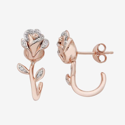 Enchanted Disney Fine Jewelry 1/10 CT. T.W. Mined White Diamond 14K Rose Gold Over Silver Flower Beauty and the Beast Belle Princess Drop Earrings
