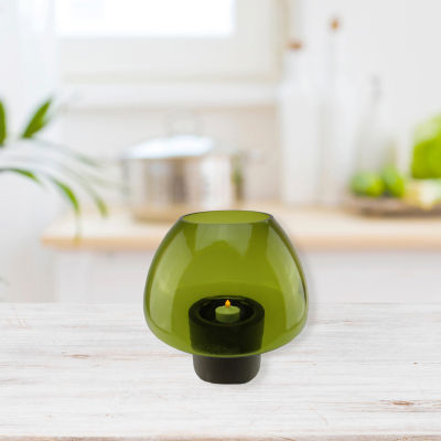 9.75'' Transparent Olive Green Glass Candle Holder with Wooden Base