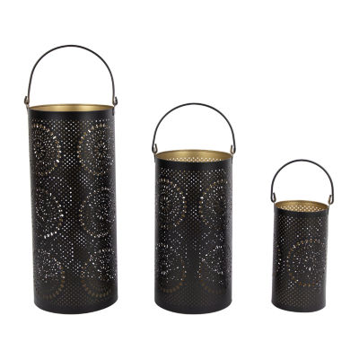 Set of 3 Black and Gold Decorative Floral Cut-Out Pillar Candle Lanterns 12.5"