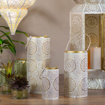 Set of 3 White and Gold Moroccan Style Pillar Candle Lanterns 10"