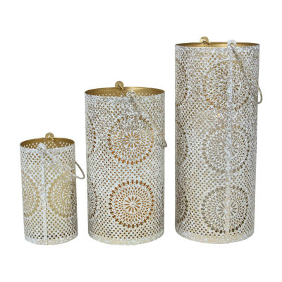 Set of 3 White and Gold Moroccan Style Pillar Candle Lanterns 10"