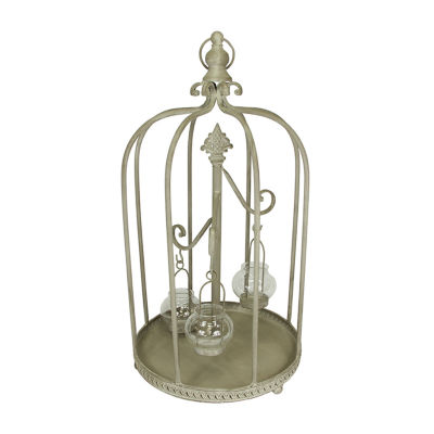 26'' Vintage Rose Antique-Style Distressed Gray-Washed Taupe Metal Birdcage Tea Light Candle Holder