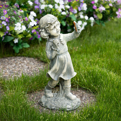 18'' Distressed Gray Girl with Cell Phone Solar Powered LED Lighted Outdoor Patio Garden Statue