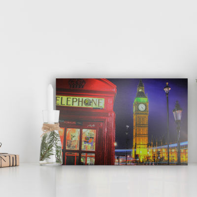 LED Lighted Famous Big Ben and Red Telephone Box London Canvas Wall Art 15.75'' x 23.5''