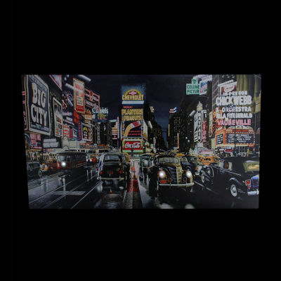 LED Lighted NYC Times Square and Classic Cars Canvas Wall Art 15.75" x 23.75"