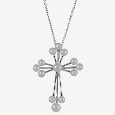 Womens White Cultured Freshwater Pearl Sterling Silver Cross Pendant Necklace