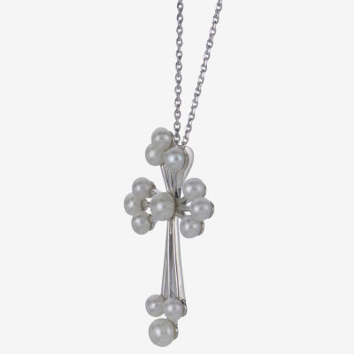 Womens White Cultured Freshwater Pearl Sterling Silver Cross Pendant Necklace