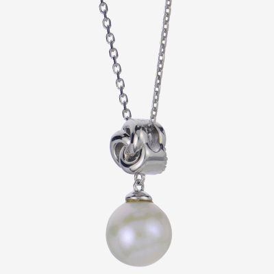 Womens White Cultured Freshwater Pearl Sterling Silver Knot Pendant Necklace