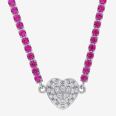 Womens Lab Created Pink Sapphire Sterling Silver Heart Tennis Necklaces