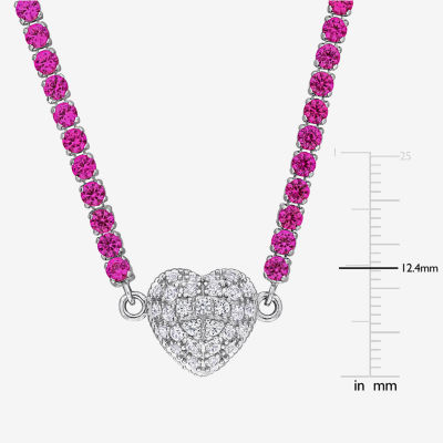 Womens Lab Created Pink Sapphire Sterling Silver Heart Tennis Necklaces