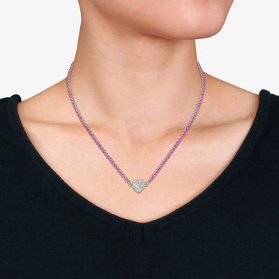 Womens Lab Created Pink Sapphire Sterling Silver Heart Tennis Necklaces