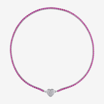 Womens Lab Created Pink Sapphire Sterling Silver Heart Tennis Necklaces