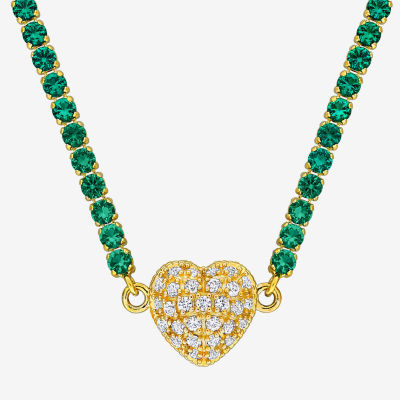 Womens Lab Created Green Emerald 18K Gold Over Silver Heart Tennis Necklaces