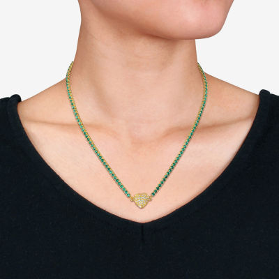 Womens Lab Created Green Emerald 18K Gold Over Silver Heart Tennis Necklaces