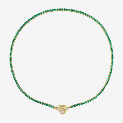 Womens Lab Created Green Emerald 18K Gold Over Silver Heart Tennis Necklaces