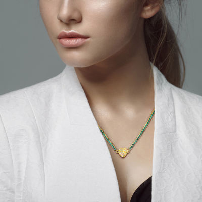 Womens Lab Created Green Emerald 18K Gold Over Silver Heart Tennis Necklaces