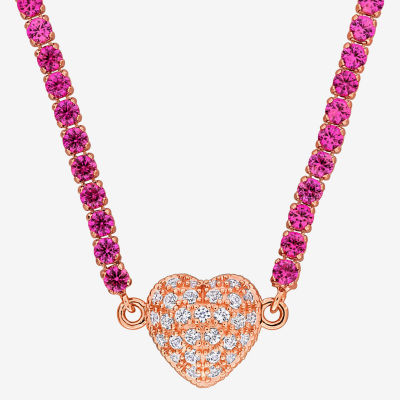 Womens Lab Created Pink Sapphire 18K Rose Gold Over Silver Heart Tennis Necklaces