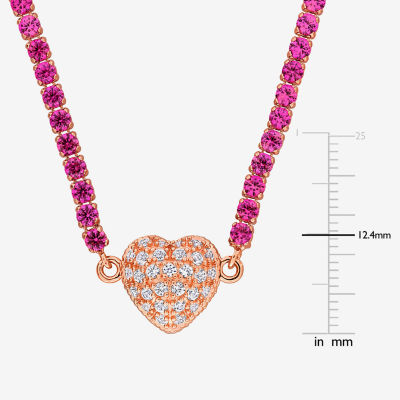 Womens Lab Created Pink Sapphire 18K Rose Gold Over Silver Heart Tennis Necklaces