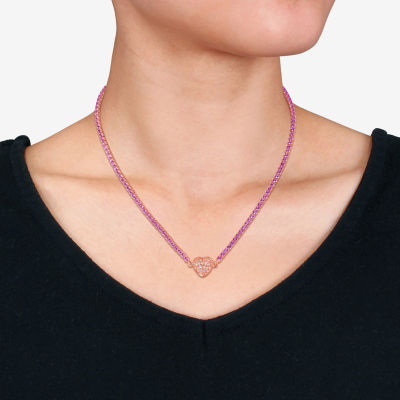 Womens Lab Created Pink Sapphire 18K Rose Gold Over Silver Heart Tennis Necklaces