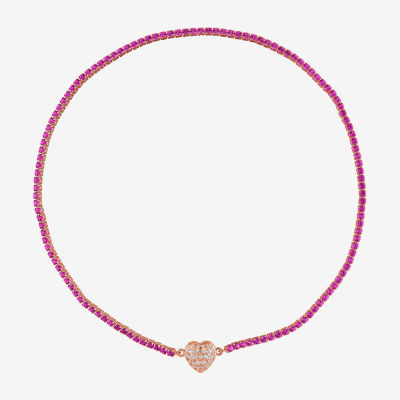 Womens Lab Created Pink Sapphire 18K Rose Gold Over Silver Heart Tennis Necklaces