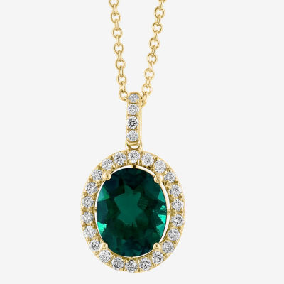 Effy  Womens 1/3 CT. T.W. Lab Created Green Emerald 14K Gold Oval Pendant Necklace