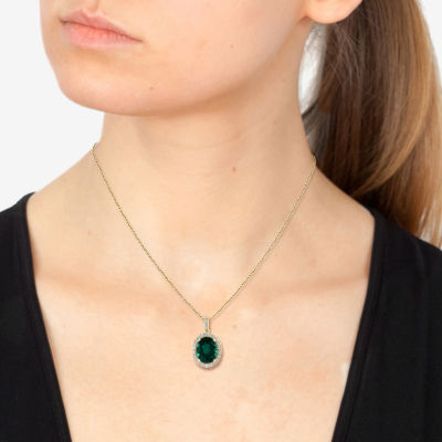 Effy  Womens 1/3 CT. T.W. Lab Created Green Emerald 14K Gold Oval Pendant Necklace