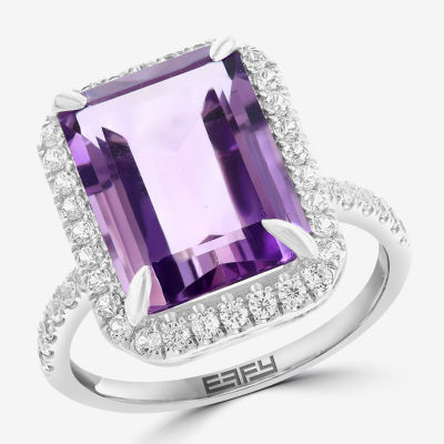 Effy  Womens Genuine Purple Amethyst Sterling Silver Halo Side Stone Cocktail Ring