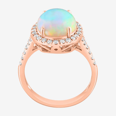 Effy  Womens Genuine White Opal 14K Rose Gold Over Silver Sterling Oval Halo Side Stone Cocktail Ring