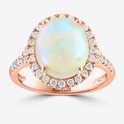 Effy  Womens Genuine White Opal 14K Rose Gold Over Silver Sterling Oval Halo Side Stone Cocktail Ring