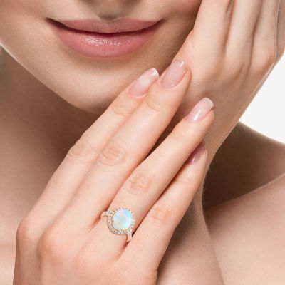 Effy  Womens Genuine White Opal 14K Rose Gold Over Silver Sterling Oval Halo Side Stone Cocktail Ring