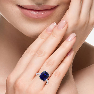 Effy  Womens 1/5 CT. T.W. Lab Created Blue Sapphire 14K White Gold Cushion Solitaire Cocktail Ring