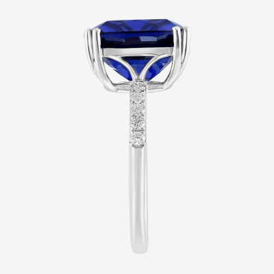 Effy  Womens 1/5 CT. Lab Created Blue Sapphire 14K White Gold Cushion Solitaire Cocktail Ring
