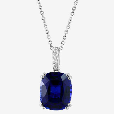 Effy  Womens Diamond Accent Lab Created Blue Sapphire 14K White Gold Cushion Pendant Necklace