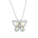 Womens Lab Created White Opal Sterling Silver Butterfly Pendant Necklace
