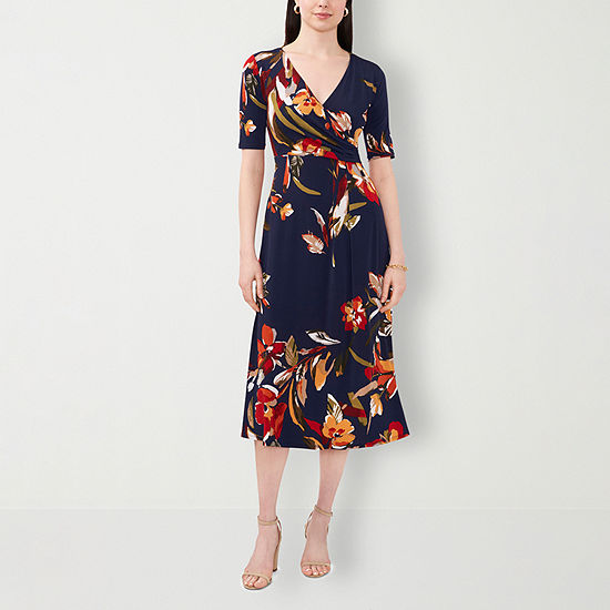 MSK Short Sleeve Floral Midi Fit + Flare Dress, Color: Navy Rust - JCPenney